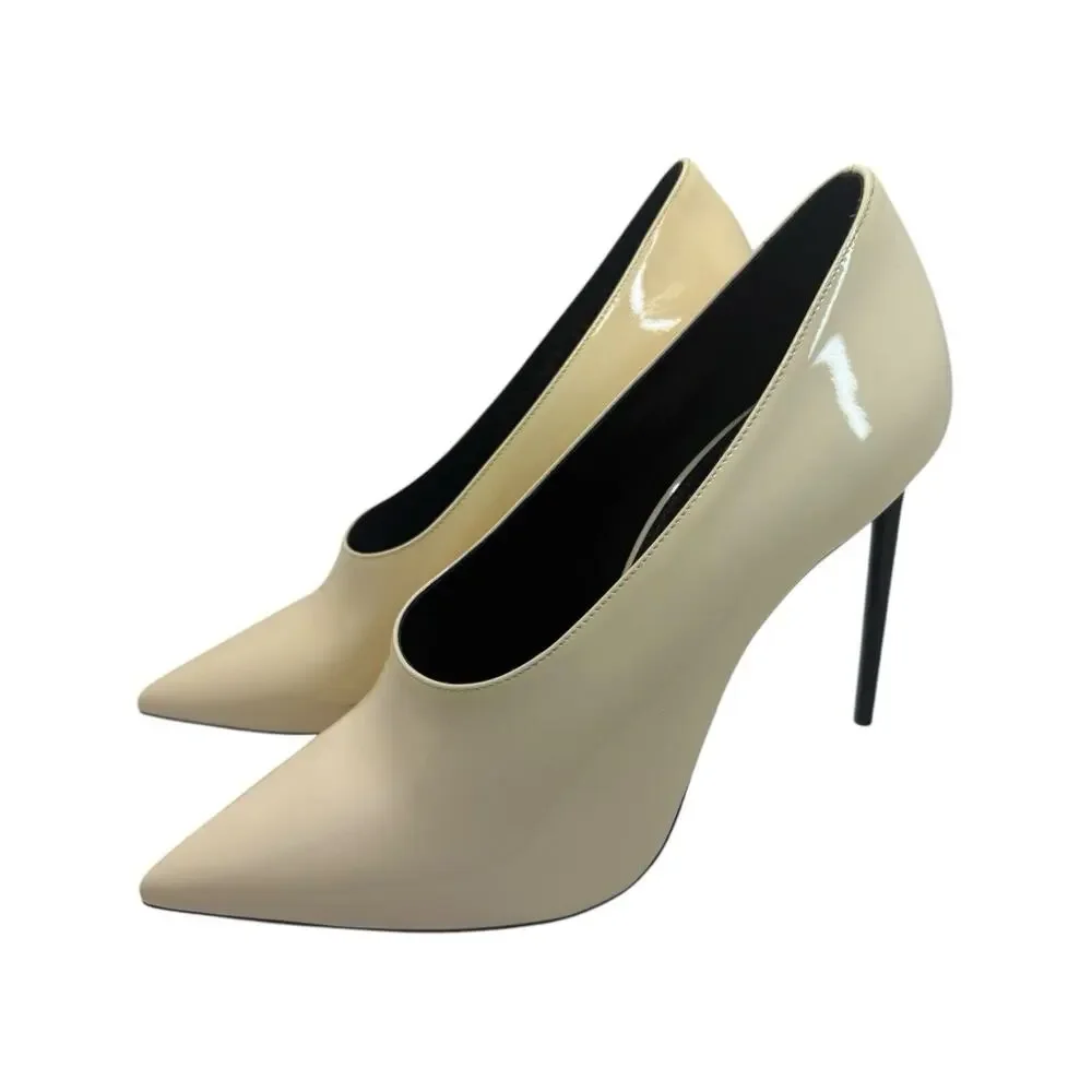 Saint Laurent Cream Patent Pointed-Toe Stiletto Pumps - Picture 4 of 16